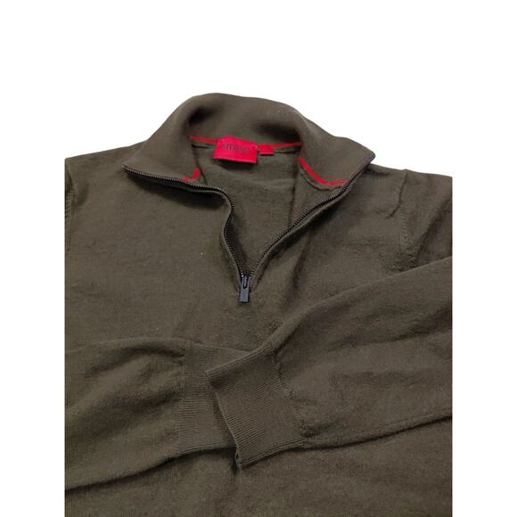Hugo Boss 1/4 Zip Slim Fit Dark green 100% Virgin Wool Sweater Mens Size Medium - Picture 1 of 6